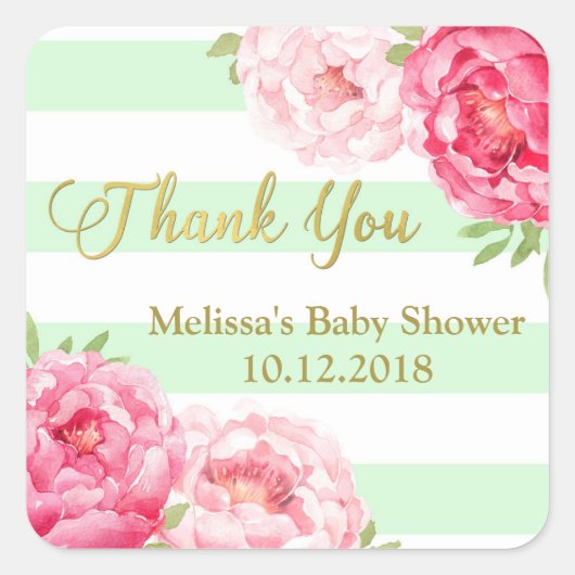 Mint Stripes Roze Bloemen Baby shower Dank u Vierkante Sticker (Voorkant)