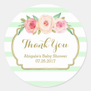 Mint Stripes Roze Bloemen Baby shower Favor Tags Ronde Sticker