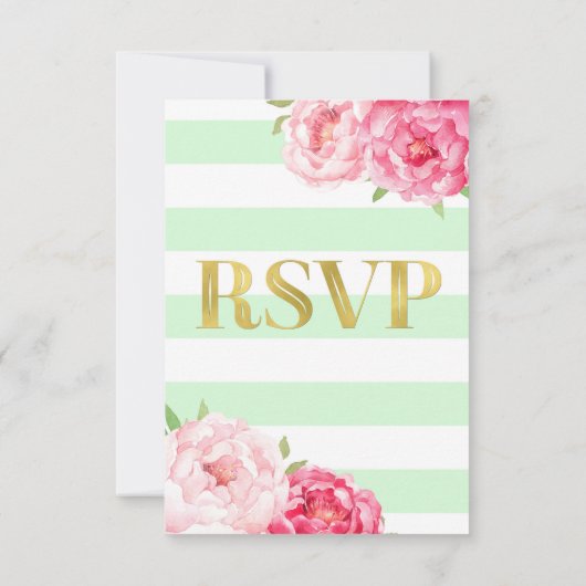 Mint Stripes Roze Bloemen Goud Bruiloft RSVP (Achterkant)