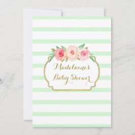 Mint Stripes Roze Waterverf Bloemen Baby shower Kaart
