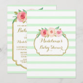 Mint Stripes Roze Waterverf Bloemen Baby shower Kaart (Voorkant / Achterkant)