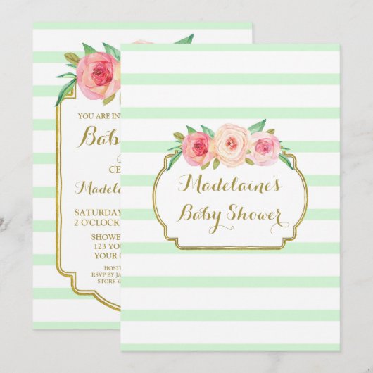 Mint Stripes Roze Waterverf Bloemen Baby shower Kaart (Voorkant / Achterkant)