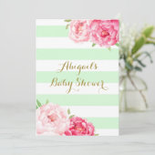 Mint Stripes Roze Waterverf Bloemen Baby shower Kaart (Staand voorkant)