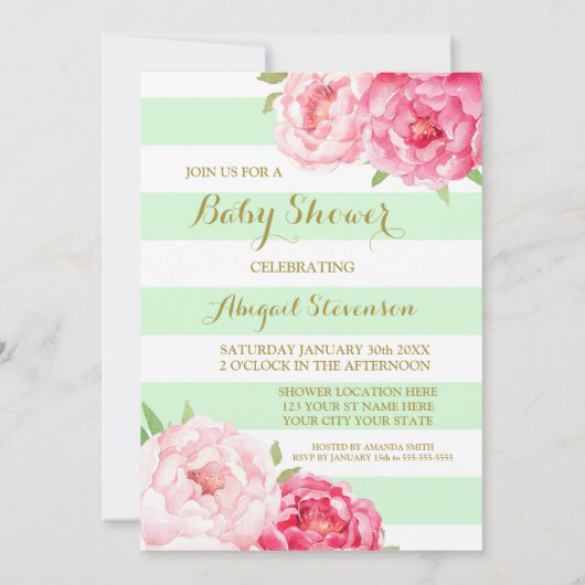 Mint Stripes Roze Waterverf Bloemen Baby shower Kaart (Achterkant)