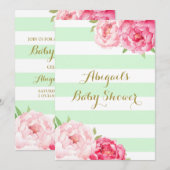 Mint Stripes Roze Waterverf Bloemen Baby shower Kaart (Voorkant / Achterkant)