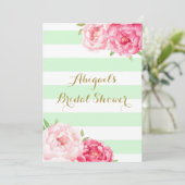 Mint Stripes Roze Waterverf Bloemen Vrijgezellenfe Kaart (Staand voorkant)