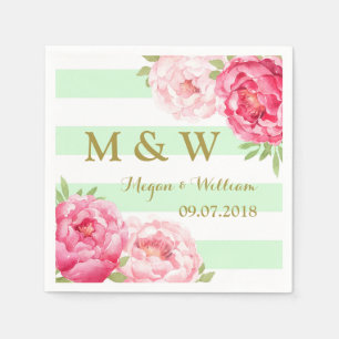 Mint Stripes Roze Waterverf Bruiloft Monogram Servetten
