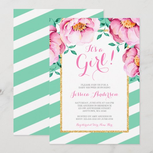 Mint Stripes Roze Waterverf Florence Baby shower Kaart (Voorkant / Achterkant)