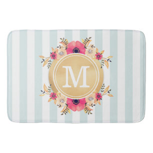 Mint Stripes Waterverf Flowers Faux Gold Monogram Badmat