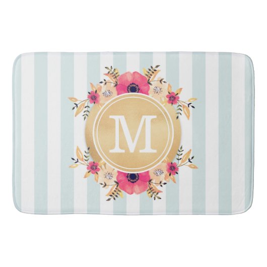 Mint Stripes Waterverf Flowers Faux Gold Monogram Badmat (Voorkant)