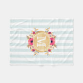 Mint Stripes Waterverf Flowers Faux Gold Monogram Fleece Deken (Voorkant (Horizontaal))