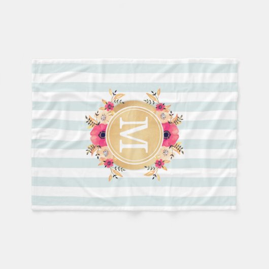 Mint Stripes Waterverf Flowers Faux Gold Monogram Fleece Deken (Voorkant (Horizontaal))