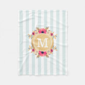 Mint Stripes Waterverf Flowers Faux Gold Monogram Fleece Deken (Voorkant)