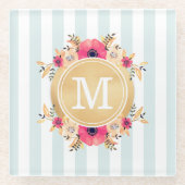 Mint Stripes Waterverf Flowers Faux Gold Monogram Glazen Onderzetter (Voorkant)