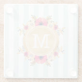 Mint Stripes Waterverf Flowers Faux Gold Monogram Glazen Onderzetter (Achterkant)