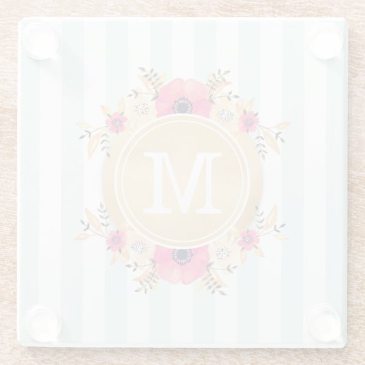 Mint Stripes Waterverf Flowers Faux Gold Monogram Glazen Onderzetter (Achterkant)