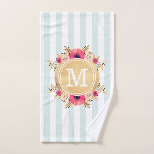 Mint Stripes Waterverf Flowers Faux Gold Monogram Handdoek (Handdoek)