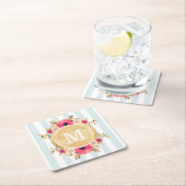 Mint Stripes Waterverf Flowers Faux Gold Monogram Kartonnen Onderzetters (Insitu)