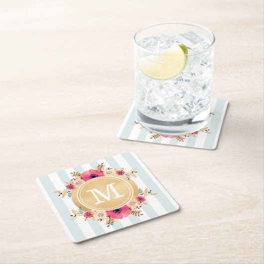 Mint Stripes Waterverf Flowers Faux Gold Monogram Kartonnen Onderzetters (Insitu)