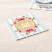 Mint Stripes Waterverf Flowers Faux Gold Monogram Kartonnen Onderzetters (Schuin)