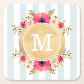 Mint Stripes Waterverf Flowers Faux Gold Monogram Kartonnen Onderzetters (Voorkant)