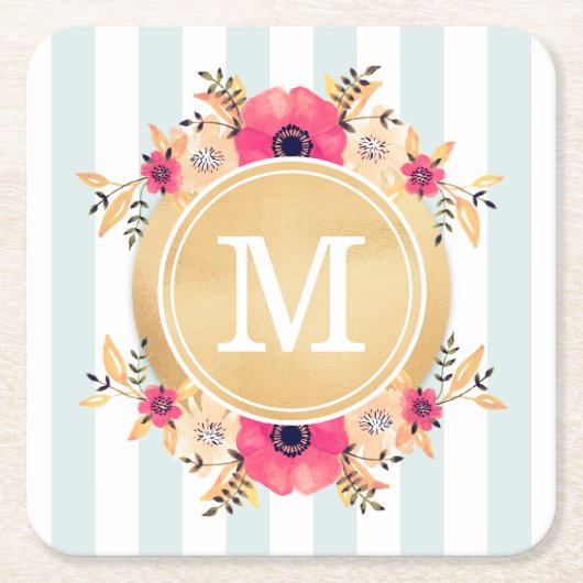 Mint Stripes Waterverf Flowers Faux Gold Monogram Kartonnen Onderzetters (Voorkant)