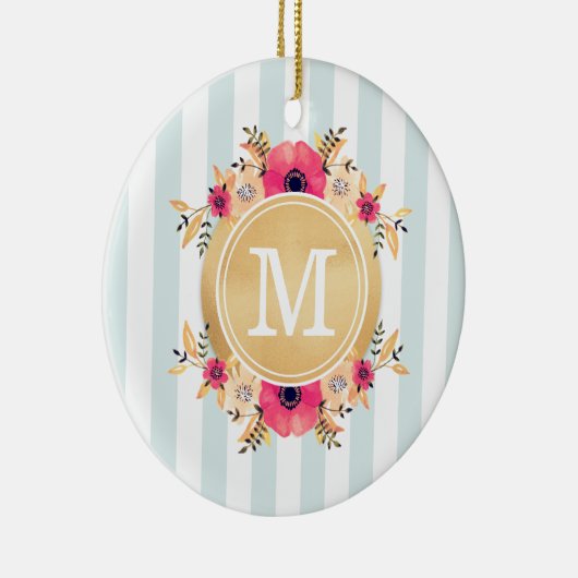 Mint Stripes Waterverf Flowers Faux Gold Monogram Keramisch Ornament (Rechts)