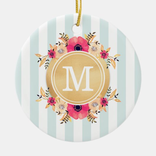 Mint Stripes Waterverf Flowers Faux Gold Monogram Keramisch Ornament (Voorkant)