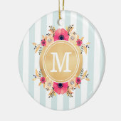 Mint Stripes Waterverf Flowers Faux Gold Monogram Keramisch Ornament (Links)