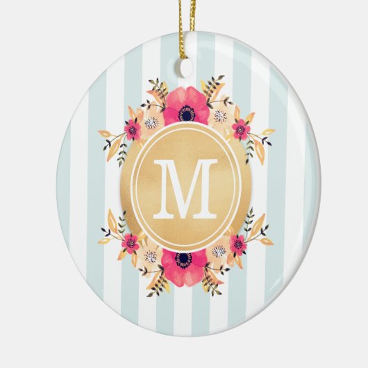Mint Stripes Waterverf Flowers Faux Gold Monogram Keramisch Ornament (Links)