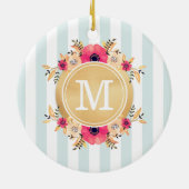 Mint Stripes Waterverf Flowers Faux Gold Monogram Keramisch Ornament (Achterkant)