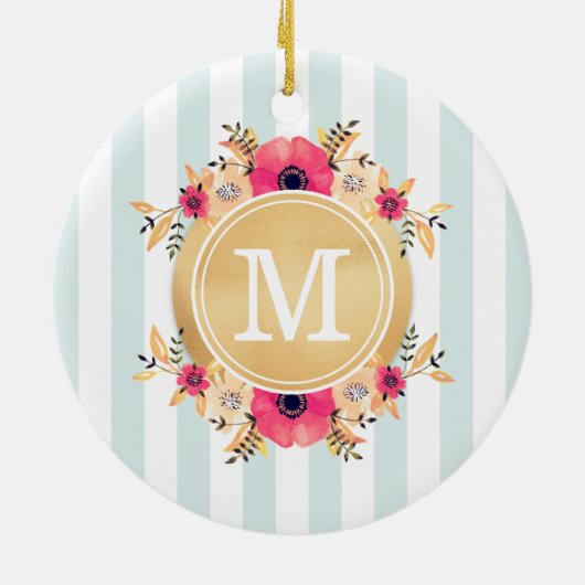 Mint Stripes Waterverf Flowers Faux Gold Monogram Keramisch Ornament (Achterkant)