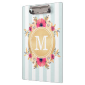 Mint Stripes Waterverf Flowers Faux Gold Monogram Klembord (Links)