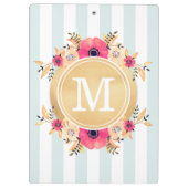 Mint Stripes Waterverf Flowers Faux Gold Monogram Klembord (Achterkant)