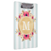 Mint Stripes Waterverf Flowers Faux Gold Monogram Klembord (Rechts)
