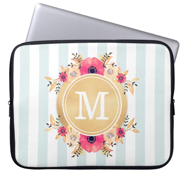 Mint Stripes Waterverf Flowers Faux Gold Monogram Laptop Sleeve (Voorkant)