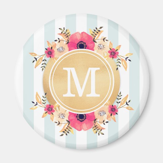 Mint Stripes Waterverf Flowers Faux Gold Monogram Magneet (Voorkant)