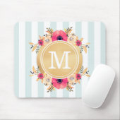 Mint Stripes Waterverf Flowers Faux Gold Monogram Muismat (Met muis)