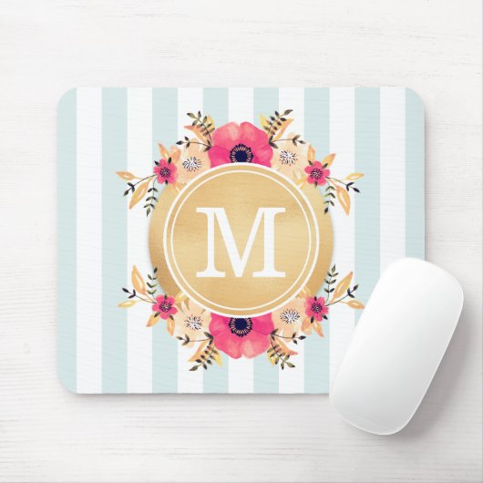 Mint Stripes Waterverf Flowers Faux Gold Monogram Muismat (Met muis)