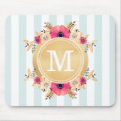 Mint Stripes Waterverf Flowers Faux Gold Monogram Muismat (Voorkant)