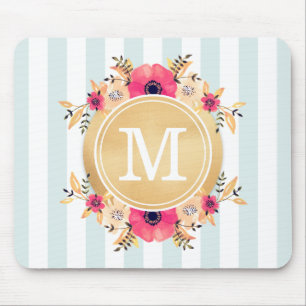 Mint Stripes Waterverf Flowers Faux Gold Monogram Muismat