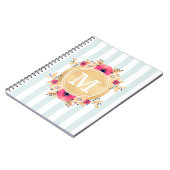 Mint Stripes Waterverf Flowers Faux Gold Monogram Notitieboek (Linkerzijde)
