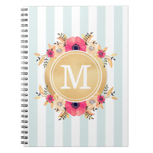 Mint Stripes Waterverf Flowers Faux Gold Monogram Notitieboek