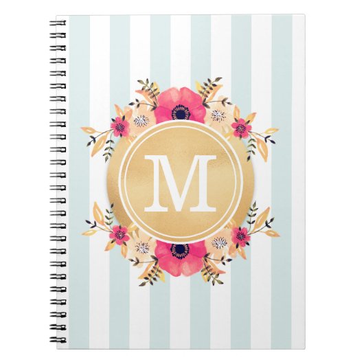 Mint Stripes Waterverf Flowers Faux Gold Monogram Notitieboek (Voorkant)