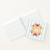 Mint Stripes Waterverf Flowers Faux Gold Monogram Notitieboek (Binnen)