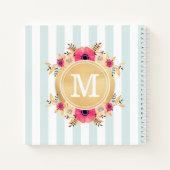 Mint Stripes Waterverf Flowers Faux Gold Monogram Notitieboek (Achterkant)