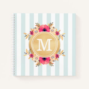 Mint Stripes Waterverf Flowers Faux Gold Monogram Notitieboek