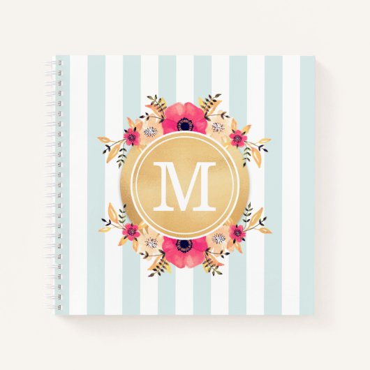 Mint Stripes Waterverf Flowers Faux Gold Monogram Notitieboek (Voorkant)