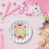 Mint Stripes Waterverf Flowers Faux Gold Monogram Papieren Bordje (Feest)