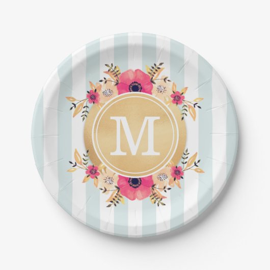 Mint Stripes Waterverf Flowers Faux Gold Monogram Papieren Bordje (Voorkant)